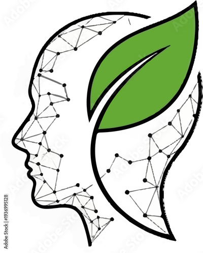 Silhouette of a human head with abstract connections and a green leaf