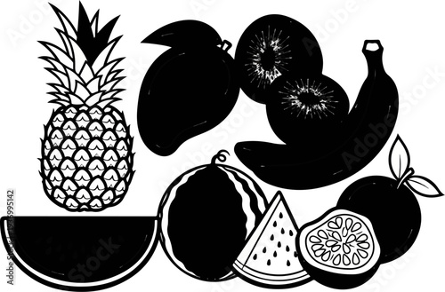 Collection of tropical fruits, including pineapple, mango, bananas, kiwi, watermelon, and passion fruit