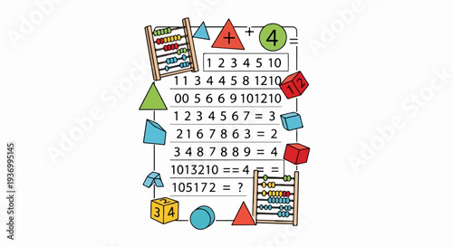 Colorful math puzzle with abacus, shapes, and equations
