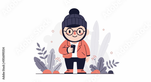 Cartoon character with phone, wearing hat, glasses, jacket, and pants