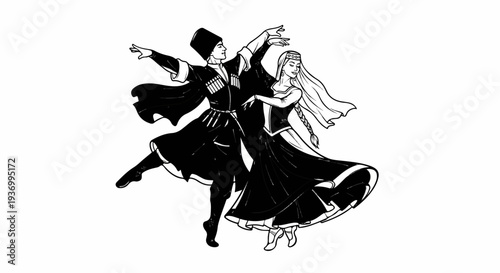 Couple in traditional clothing performs a lively dance, graceful movements