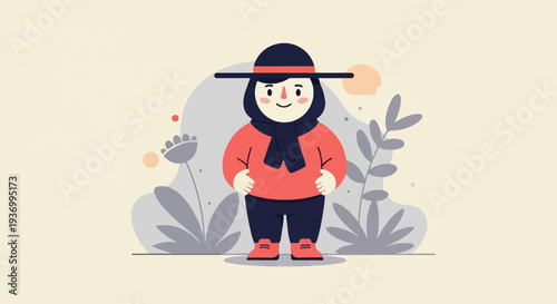 Cartoon character in a wide-brimmed hat, scarf, and coral sweater amidst abstract plants