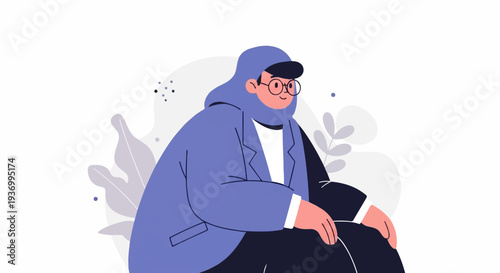 A person in a blue jacket and headscarf sits thoughtfully, with abstract foliage in the background