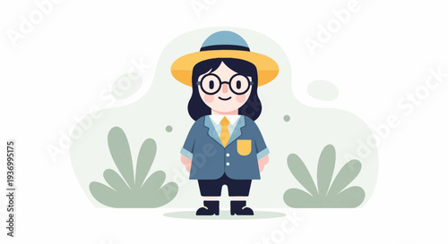 Flat illustration of a person in a hat and suit, standing amidst abstract greenery