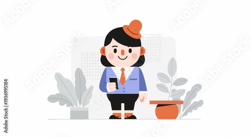 Stylized person in office attire with plants and phone