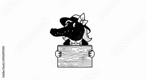 Cartoon alligator wearing a hat and holding a wooden sign
