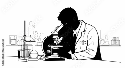 Scientist in lab coat examining specimen under microscope, surrounded by scientific equipment