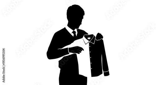 Silhouette of a man in a tie holding a white shirt, appearing to examine or present it against a plain background.