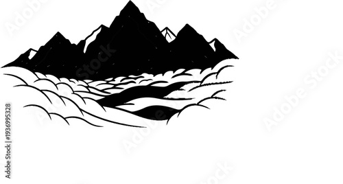 Dramatic black mountains rise above rolling white clouds