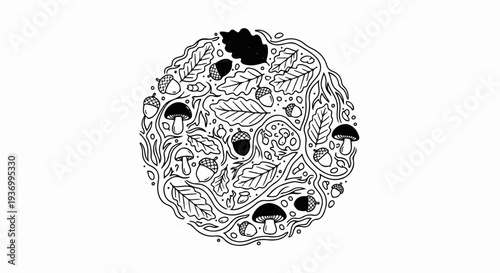 Circular forest illustration with acorns, mushrooms, and oak leaves