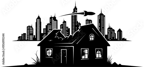 Dilapidated house with broken windows sits before a city skyline and rocket