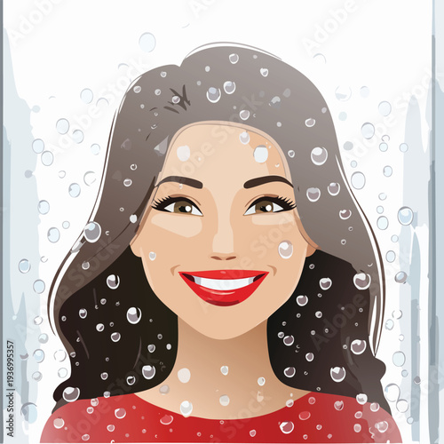 Woman smiling with water droplets in illustration
