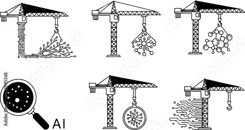 Construction cranes build digital networks and molecular structures