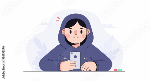 Friendly person in a hoodie engrossed in their smartphone, surrounded by stylized foliage