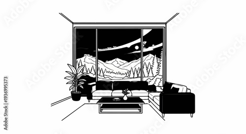 Cozy interior scene with a sectional sofa, coffee table, and potted plant