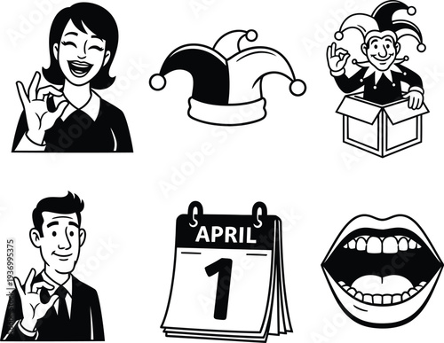April fools' day icons with cartoon characters and symbols