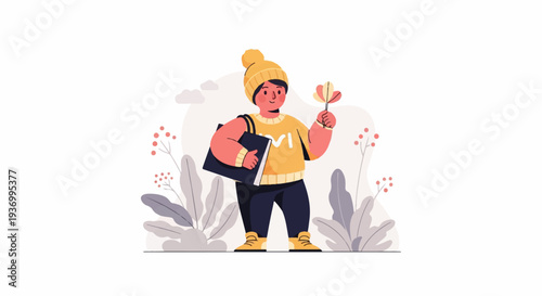 A young person in a yellow beanie and sweater carries a book while holding a small decorative item