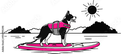 Black and white dog wearing a pink life vest on a pink paddleboard