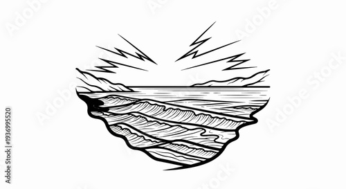 Dramatic waves crash against shore with lightning striking sky