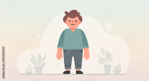 Cheerful cartoon character with brown hair, blue shirt, grey pants, and black shoes
