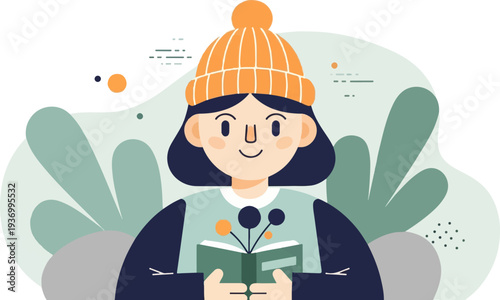 A young person in a winter hat reads a book surrounded by abstract foliage and natural elements