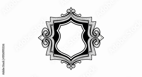 Ornate black and white shield emblem with swirling decorative elements