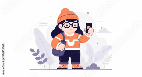 Animated girl in winter clothes taking a selfie with a smartphone, surrounded by abstract plants