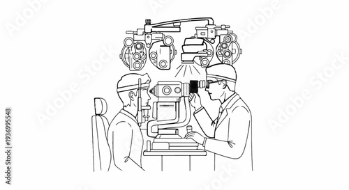 Optometrist examines patient's eyes using ophthalmic equipment