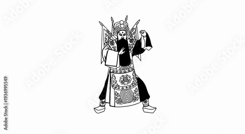 Elaborate traditional costume character in dramatic pose, black and white