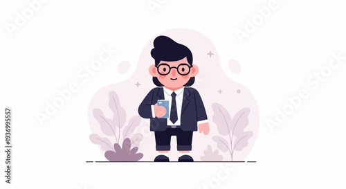 Cheerful cartoon person in a suit, holding a phone, surrounded by abstract foliage