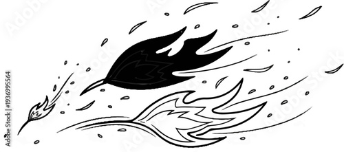 Dynamic duo of black and white flames dance in a windy, abstract composition