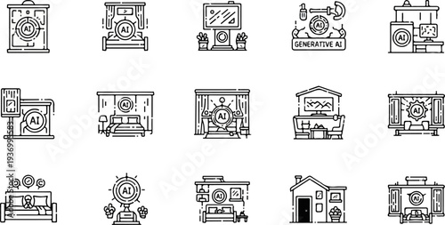 Icons depicting artificial intelligence in various domestic and industrial settings