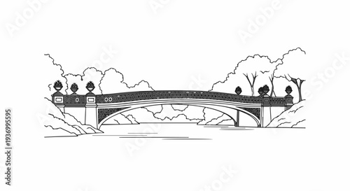 Elegant stone bridge arches over water, flanked by rocky banks and trees