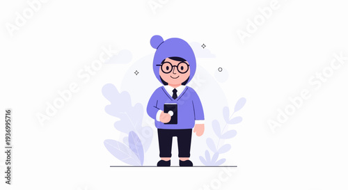 A person with a hat and glasses holds a phone, with plant-like shapes