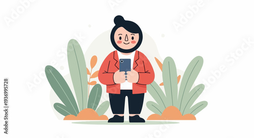 Flat cartoon man in red jacket holding a phone amidst green plants