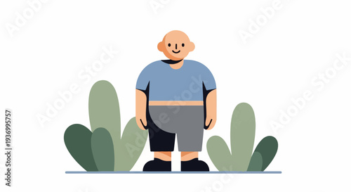 A smiling, bald cartoon person in a blue shirt and grey shorts stands amidst green plants