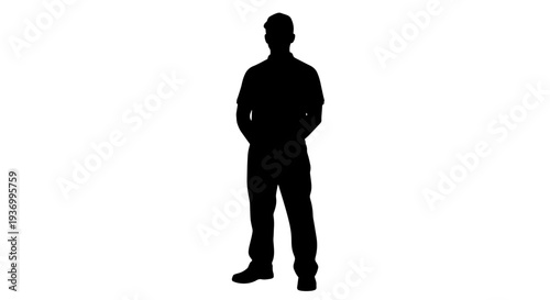 A full-body silhouette of a man standing upright against a clean white background.