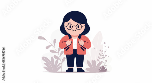 Friendly figure with dark hair and glasses in a coral jacket and dark pants