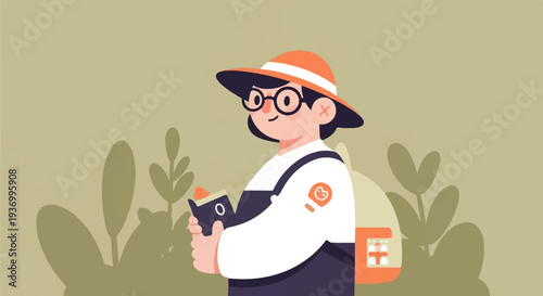 A person in a hat holds a small creature while wearing overalls and a backpack