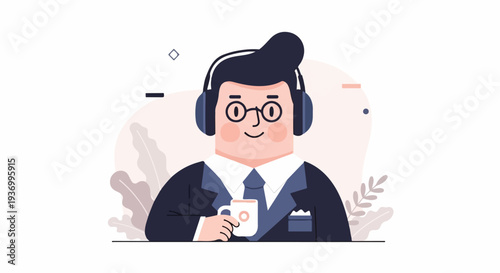 Cheerful cartoon person wearing headphones and holding a mug of coffee