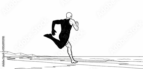 Lone runner in stark black and white, dynamic motion against a minimalist landscape