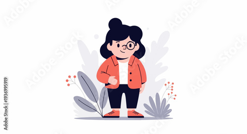 A cartoon woman with dark hair styled in a bun, wearing glasses and an orange jacket