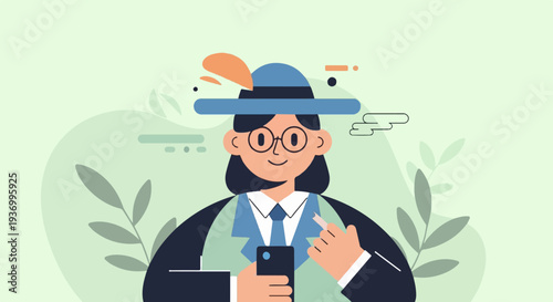 Person in a hat holding a phone and stylus, surrounded by leaves