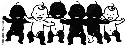 Diverse babies in black and white, happily holding hands, dancing joyfully