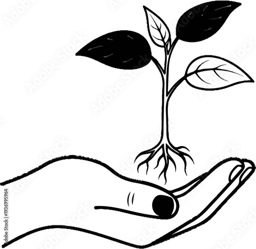 Hand cradling a young plant with roots and leaves