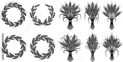 Wheat wreath and grain bundle silhouettes collection, agricultural harvest symbols with barley ears for farming, bakery and organic food design