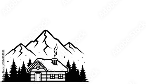 Cozy cabin nestled among snow-capped mountains and pine trees