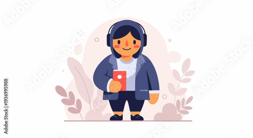 Cute cartoon character in headphones holding a phone, surrounded by abstract plant shapes