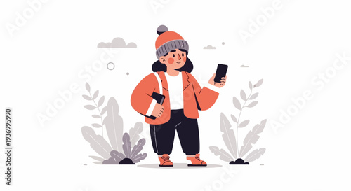 Young person in winter hat and jacket uses a smartphone outdoors among stylized plants