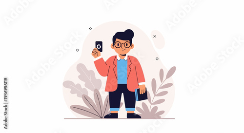 Animated character in a coral jacket, blue shirt, holding a phone & book, amid stylized plants